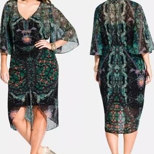 City Chic Santorini Floral-Print Sheer Sleeve Midi Dress in Black and Teal